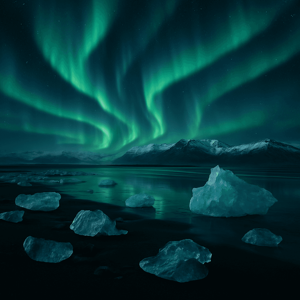 Northern Lights over an Icelandic black sand beach